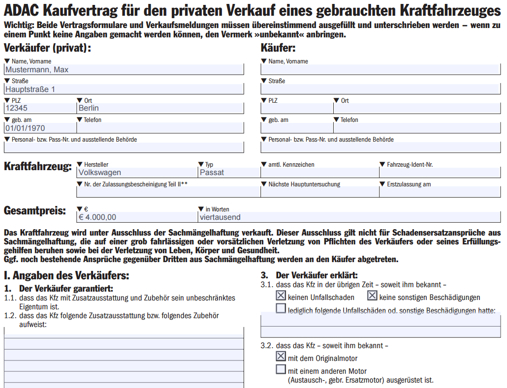 Auszug von Seite 2 des Muster-Kaufvertrags des ADAC für privat.