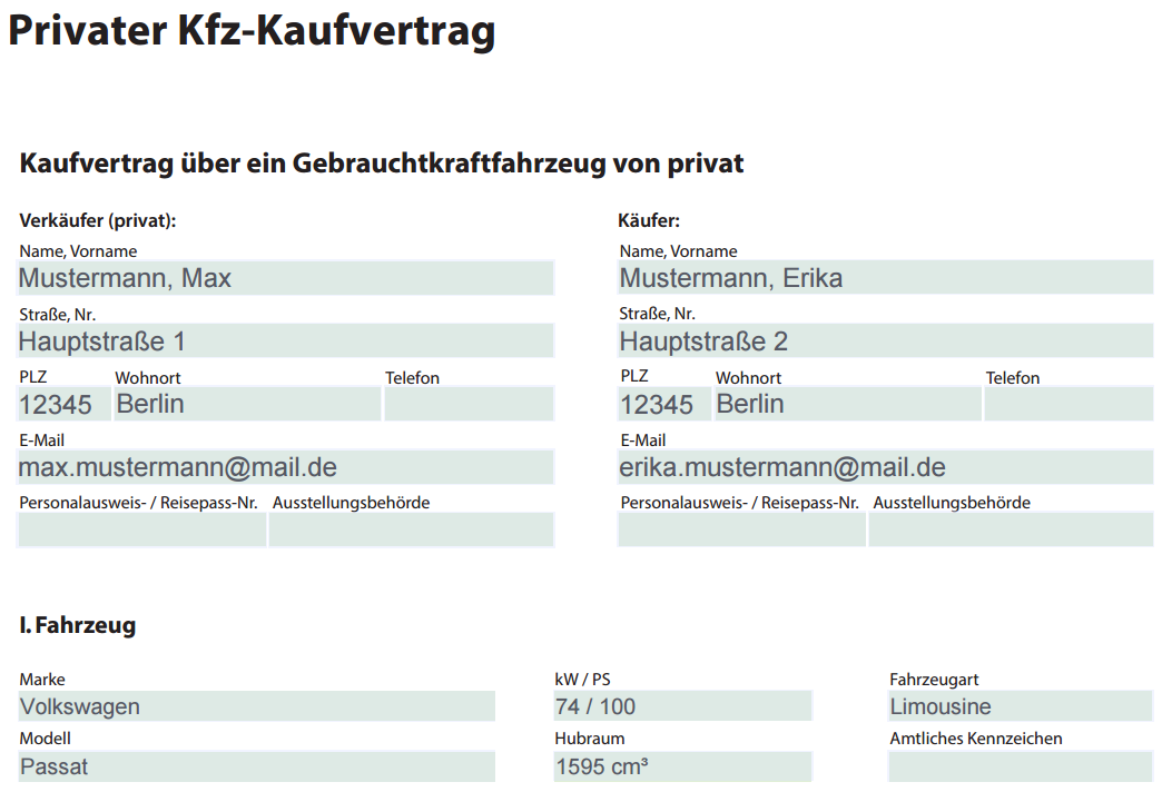 Gebrauchtes Kraftfahrzeug Kleiner Kaufvertrag Auto