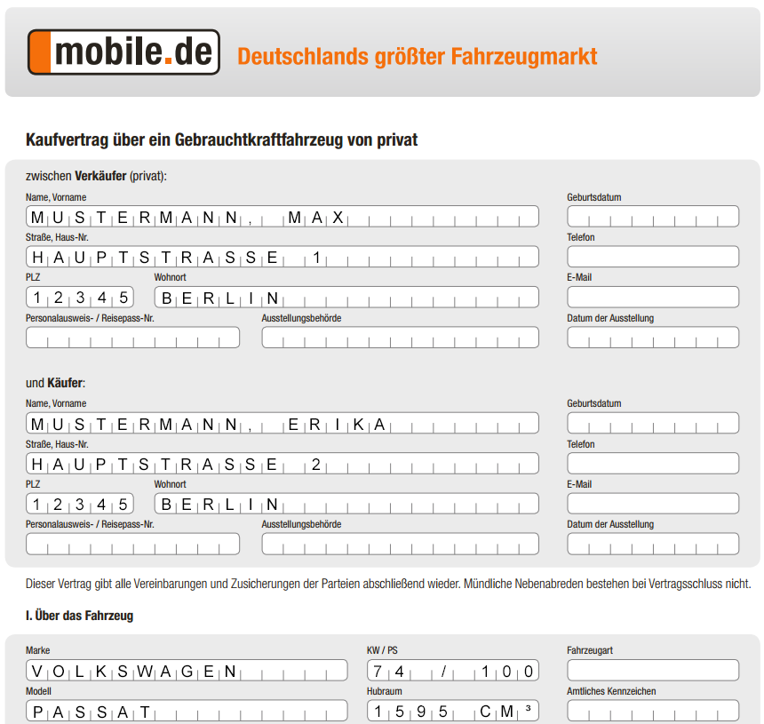 Auszug von Seite 1 des Muster-Kaufvertrags von mobile.de für privat.